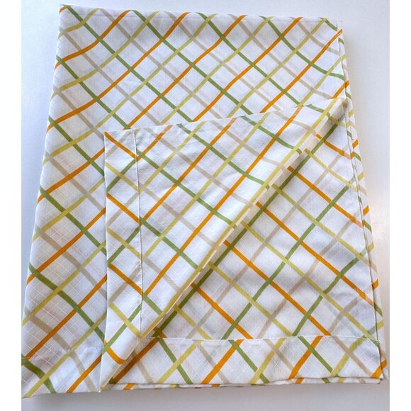 Vintage 70s top / flat sheet, yellow green orange diagonal stripes, full size - Picture 6 of 9